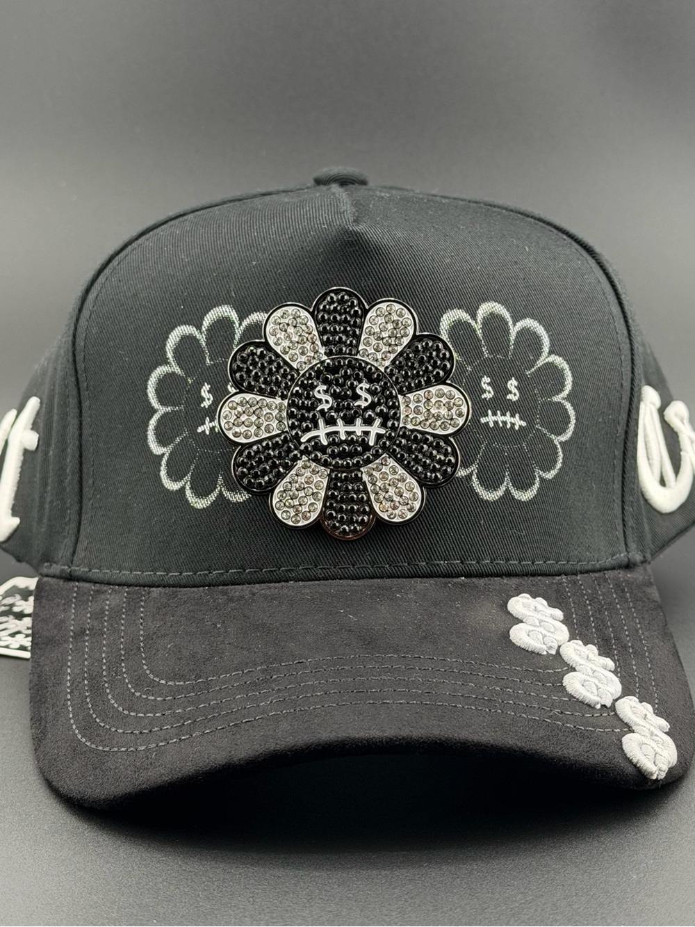 Black Crystal Flower Embellished Baseball Cap - Designer Style